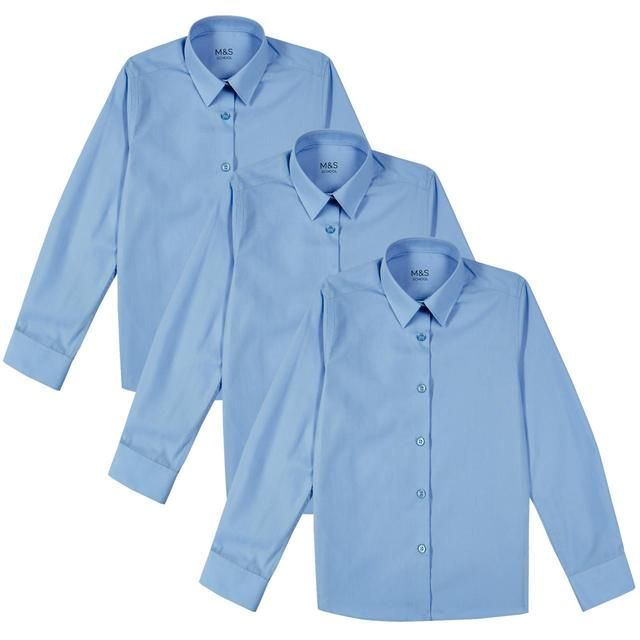 M&amp;amp;S Slim Fit Easy Iron Blouses 3 Pack 3-14 Years Blue