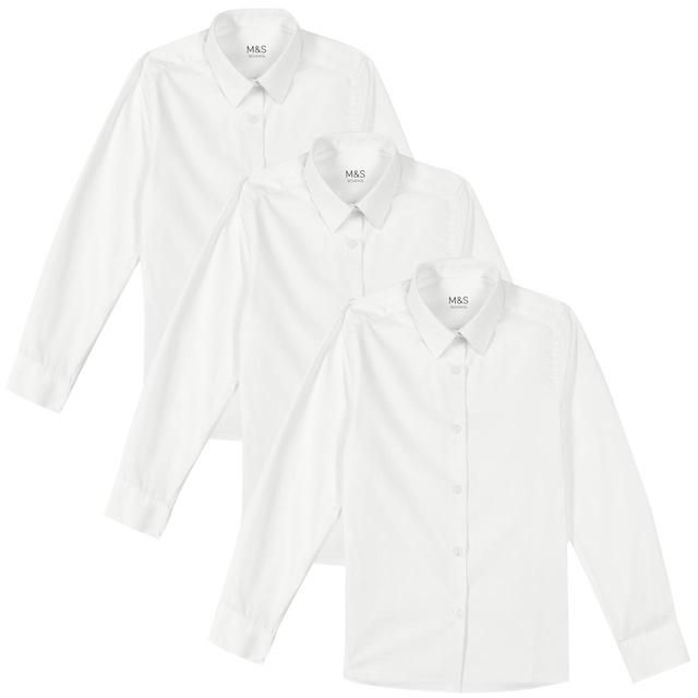 M&amp;amp;S Slim Fit Easy Iron Blouses 3 Pack 4-14 Years White