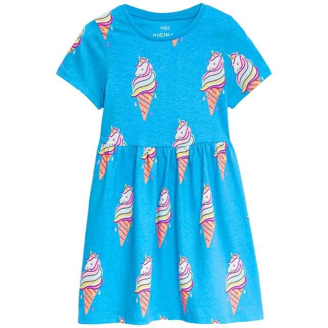 M&amp;amp;S Unicorn Ice Cream Cotton Dress 2-7 Years Blue