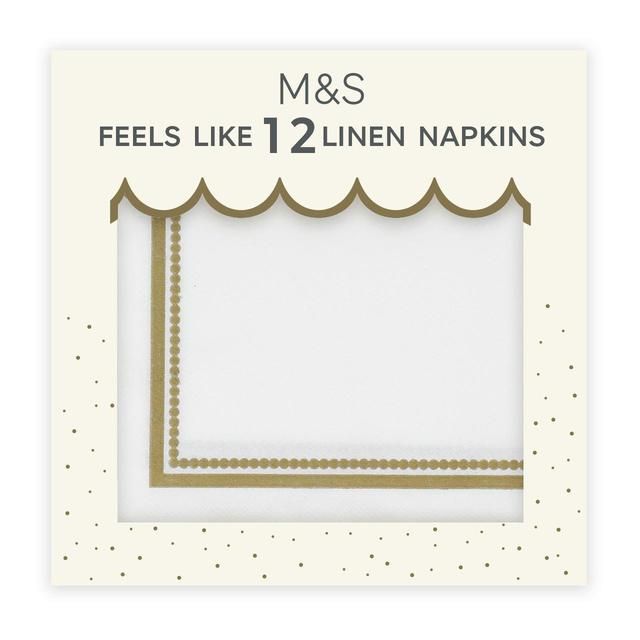 M&amp;amp;S White &amp;amp; Gold Feels Like Linen Napkins   12 per pack