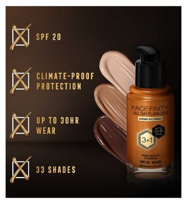 Max Factor Facefinity All Day Flawless 3 in 1 SPF 20 Vegan Foundation 30ml 098 Warm Hazelnut