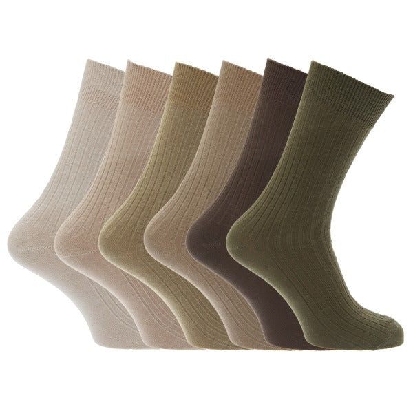 Mens 100% Cotton Ribbed Socks (Pack Of 6) (UK Shoe 6-11) Brown/Beige/Olive / 1EA
