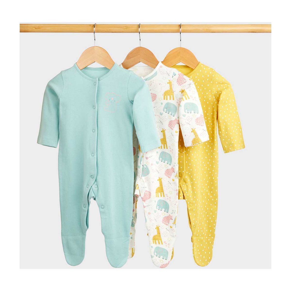 Mothercare Safari Baby Sleepsuits - 3 Pack