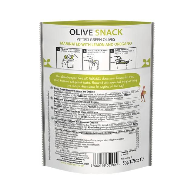 Mr Filberts Olive Snacks Green Olives with Lemon &amp;amp; Oregano   50g