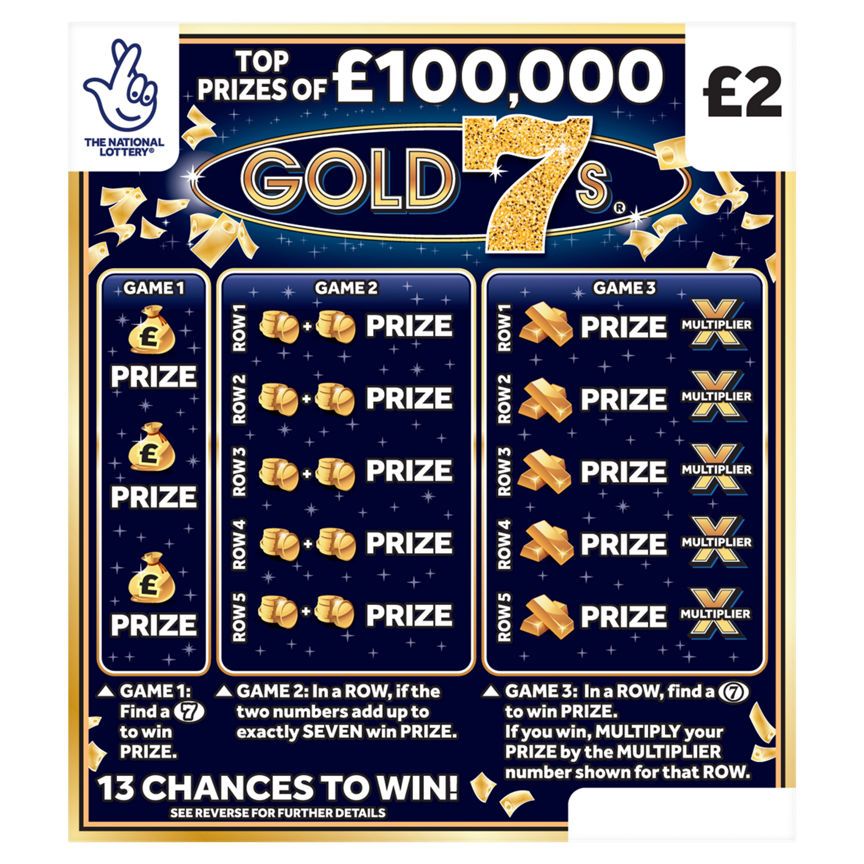 National Lottery &amp;pound;2 &amp;pound;100,000 Gold 7s Scratch card Game