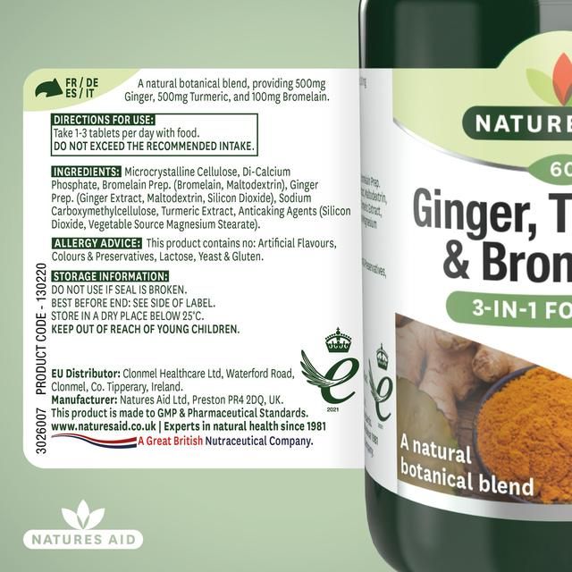 Natures Aid Ginger Turmeric &amp;amp; Bromlelain Supplement Tablets    60 per pack