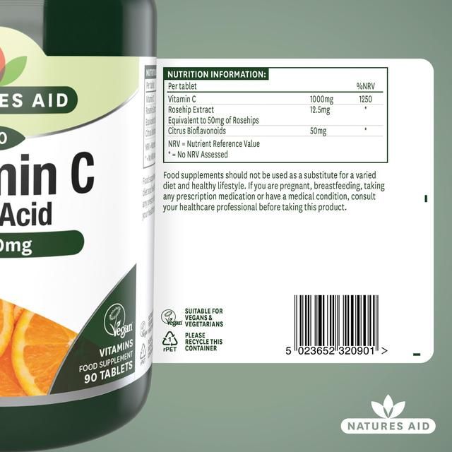 Natures Aid Low Acid Vitamin C Tablets 1000mg    90 per pack