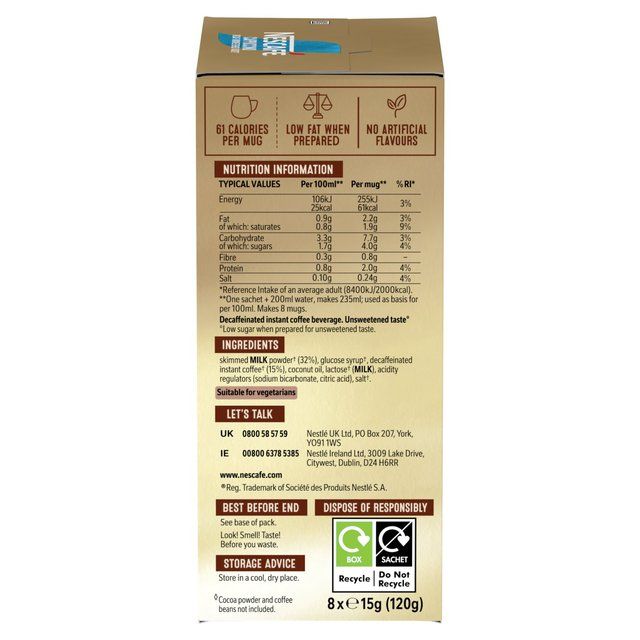 Nescafe Gold Decaff Cappuccino Unsweetened Instant Coffee 8 Sachets    8 per pack