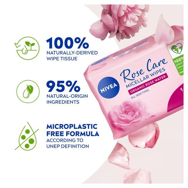 NIVEA Rose Care Biodegradable Micellar Face Wipes with Organic Rose Water   2 x 25 per pack