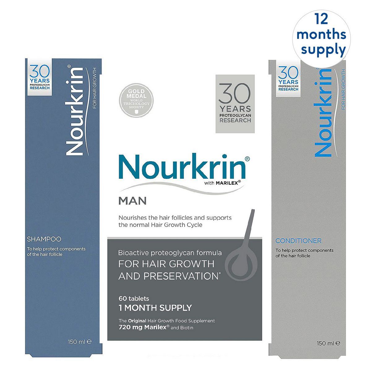 Nourkrin&amp;reg; MAN Bundle For Hair Preservation + Free Shampoo and Conditioner (12 Month Supply)