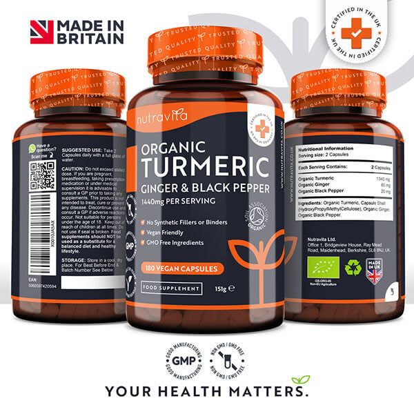 Nutravita Organic Turmeric, Black Pepper &amp;amp; Ginger - 180 Caps