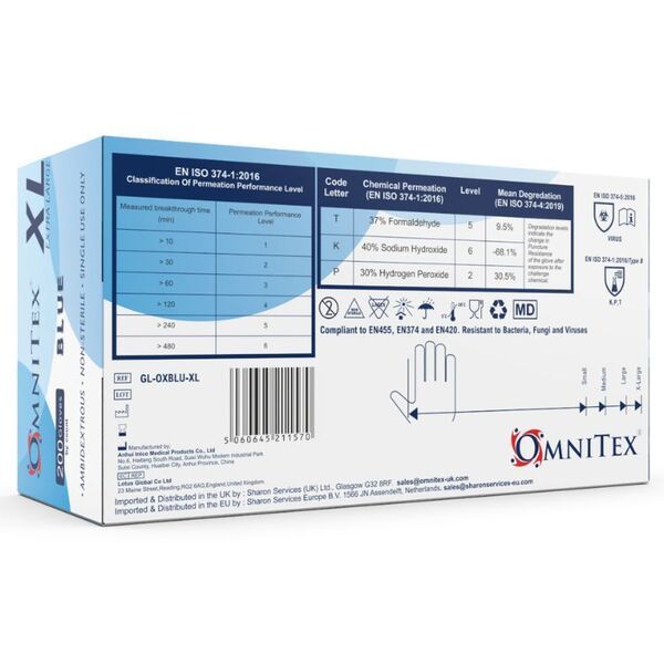 Omnitex Disposable Blue Nitrile Gloves- XL | Box-200pcs