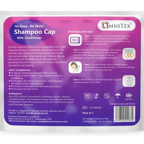 Omnitex Premium Rinse Free Shampoo Cap Microwaveable-5packs