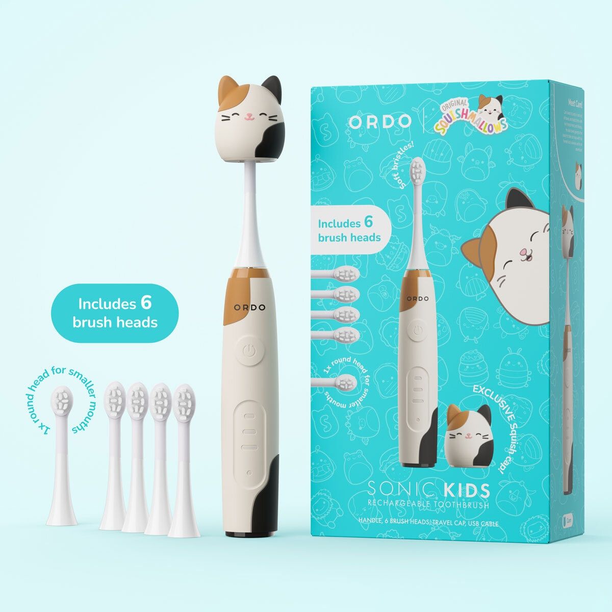 Ordo Squishmallows Cam The Cat Rechargeable Kids Toothbrush &amp;amp; 6 Brush Heads