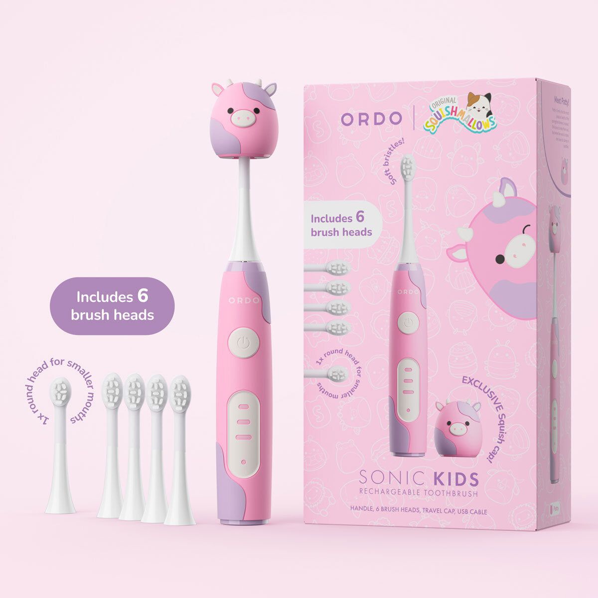 Ordo Squishmallows Patty The Cow Rechargeable Kids Toothbrush &amp;amp; 6 Brush Heads