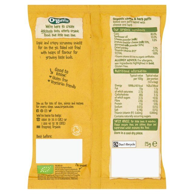 Organix Cheese &amp;amp; Herb Organic Puffs 10 mths+    15g