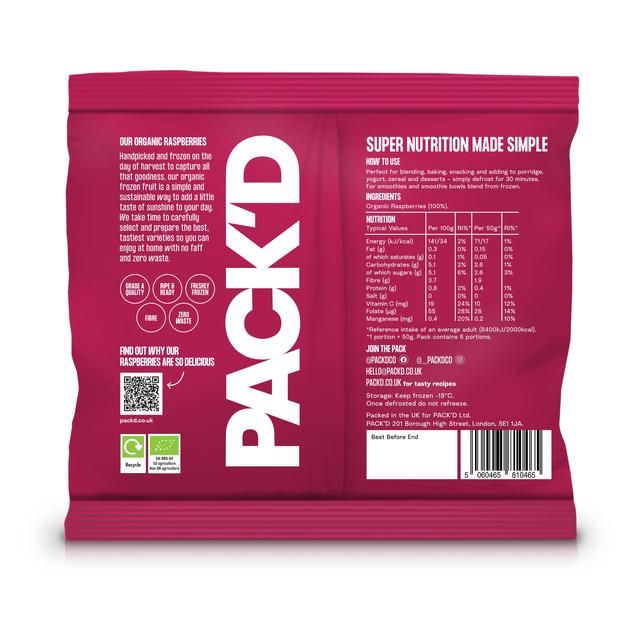 PACK'D Organic &amp;amp; Whole Sun-Ripened Raspberries   300g