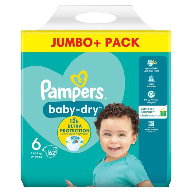 Pampers Baby-Dry Nappies Size 6 (13-18kg) Jumbo+ Pack   62 per pack