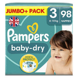 Pampers Baby-Dry Size 3, 98 Nappies, 6kg - 10kg, Jumbo+ Pack