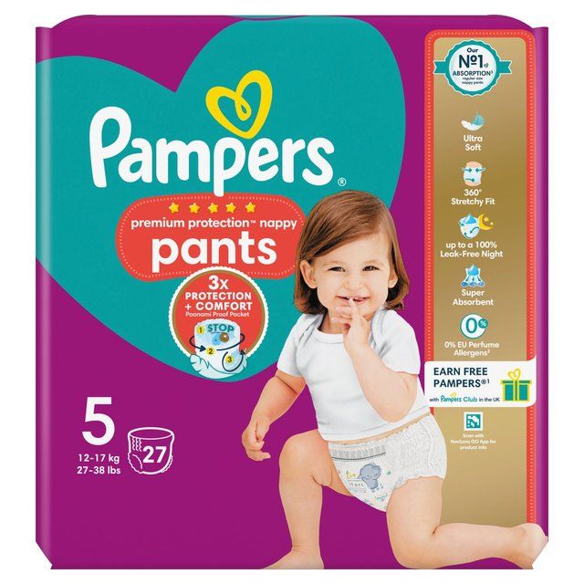 Pampers Premium Protection Nappy Pants Size 5 (12-17kg) Essential Pack   27 per pack