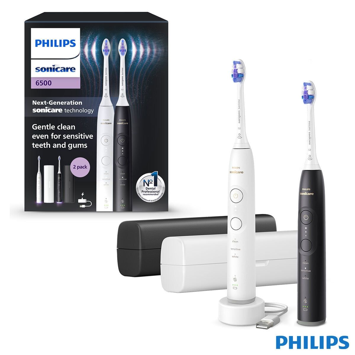Philips Sonicare 6500 Series Electric Toothbrush, Dual Pack in Black &amp;amp; White, HX7419/01