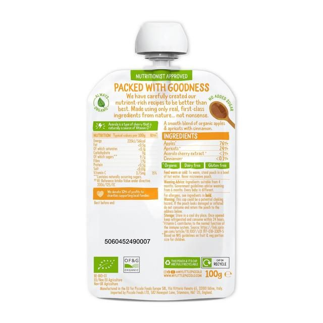 Piccolo Apple &amp;amp; Apricot Organic Pouch 4 mths+   100g