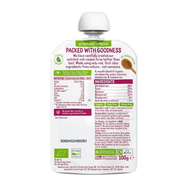 Piccolo Blushing Berries Pear &amp;amp; Banana Organic Pouch 4 mths+   100g