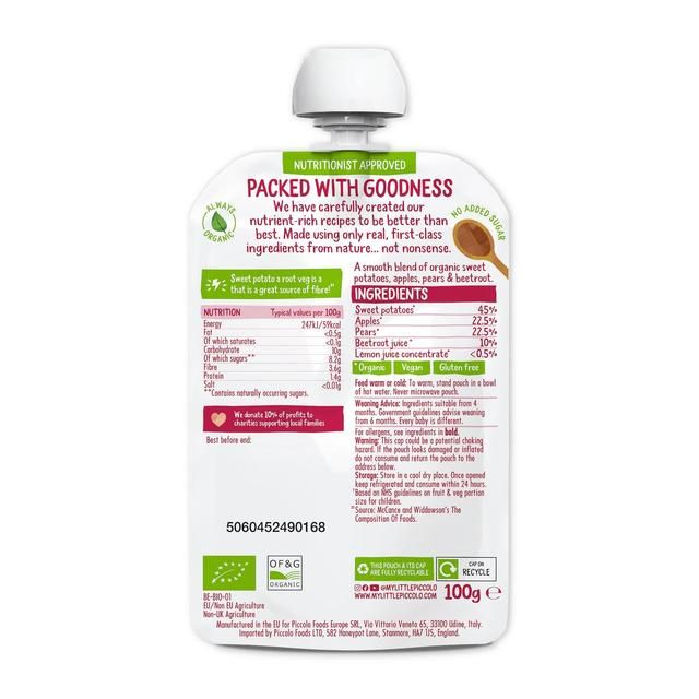 Piccolo Sweet Potato Apple Pear &amp;amp; Beetroot Organic Pouch 4 mths+   100g