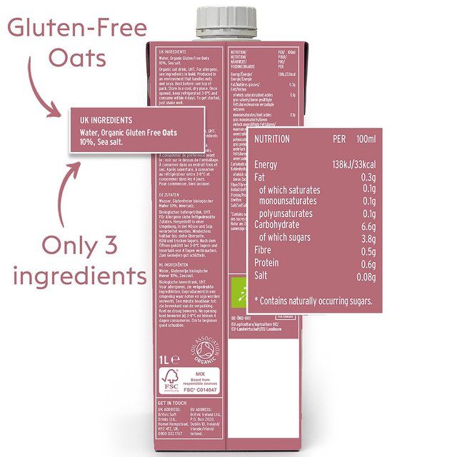 Plenish Organic Gluten Free Oat Drink Long Life   1L