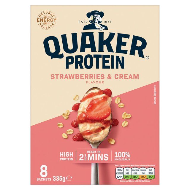 Quaker Oat So Simple Protein Strawberries &amp;amp; Cream Porridge Sachets Cereal   8 x 1 per pack