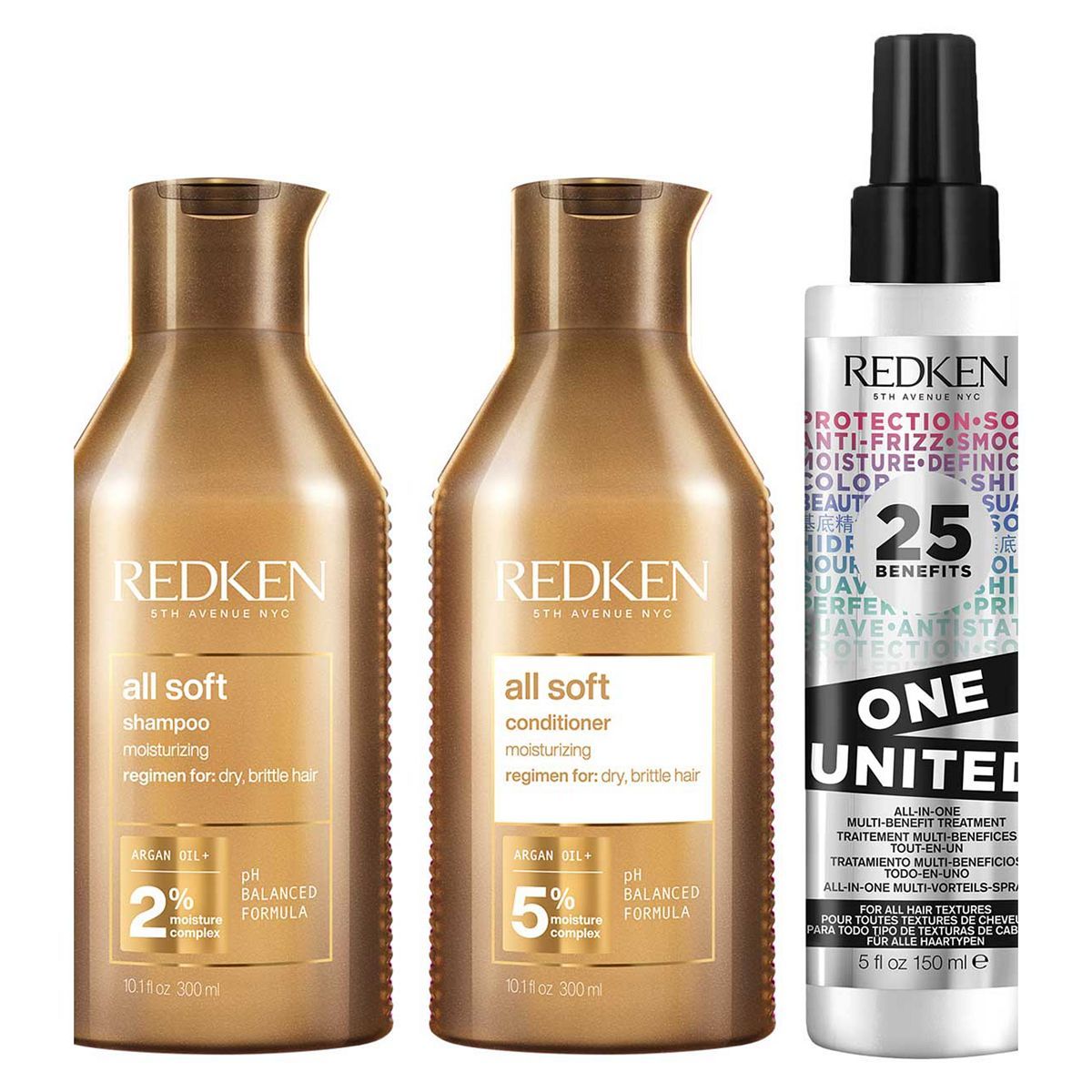 REDKEN All Soft Shampoo, Conditioner and One United Leave In Conditioner Bundle for Dry Hair