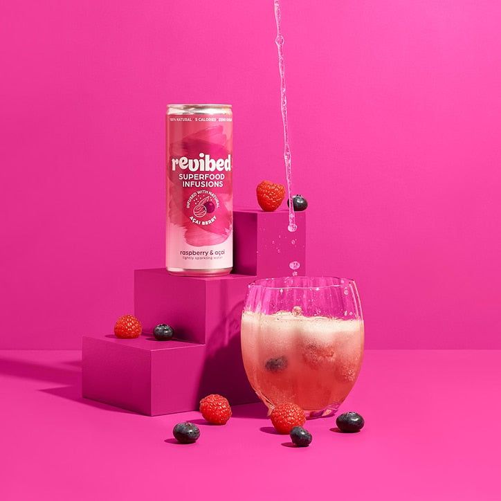 Revibed Superfood Infusions Energise (Peach &amp;amp; Hibiscus) Sparkling Water 250ml Calming (Raspberry &amp;amp; Acai)