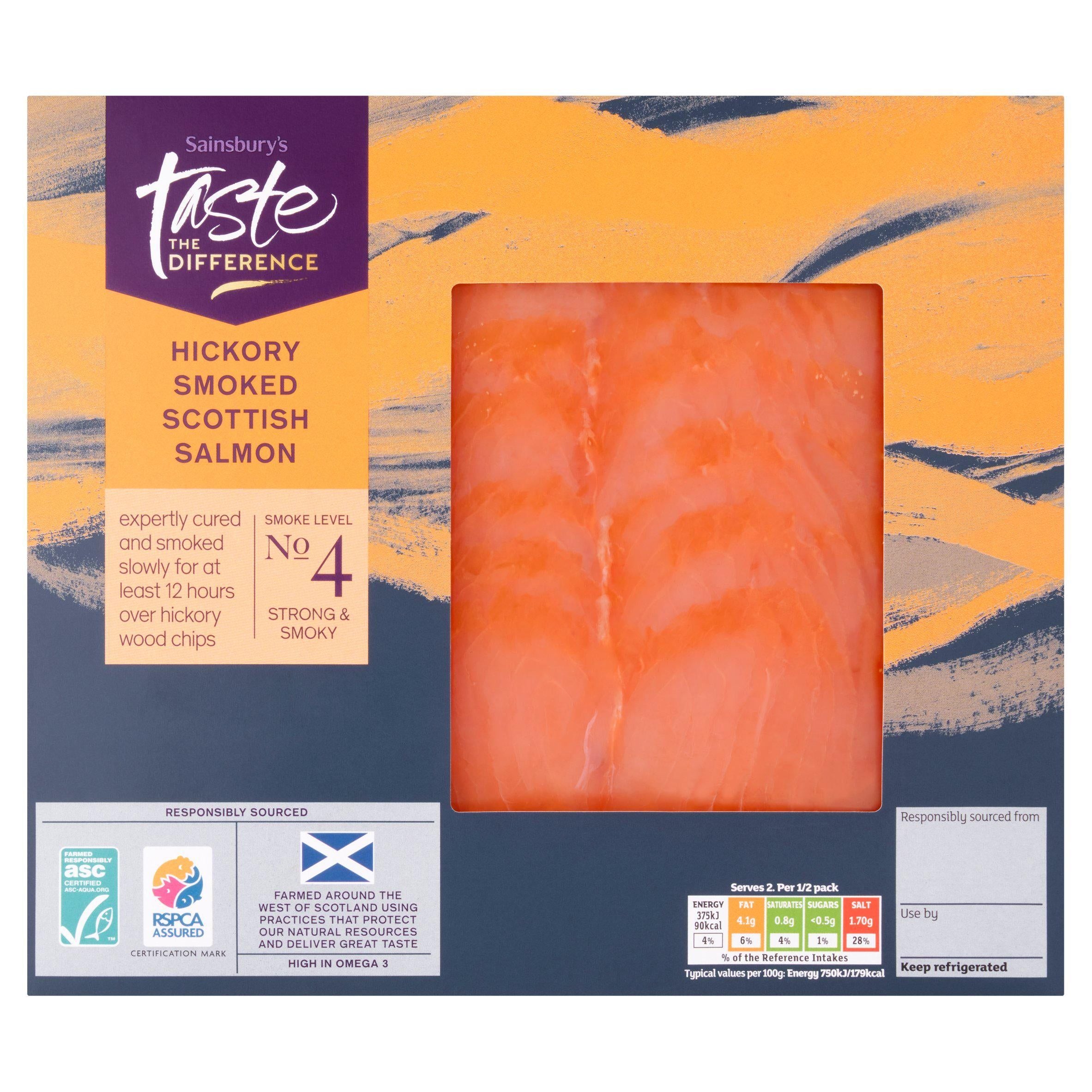 Sainsburys ASC Scottish Hickory Wood Smoked Salmon, Taste the Difference 100g (Ready To Eat)