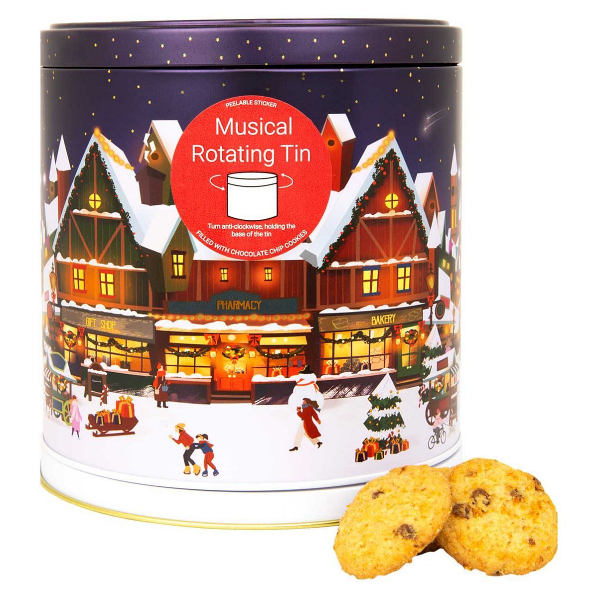 Silver Crane Musical Rotating Shop Front Tin With Chocolate Chip Cookies 300g