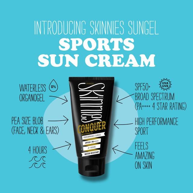 Skinnies SPF 50+ Sunscreen Sungel Conquer Vegan   100ml