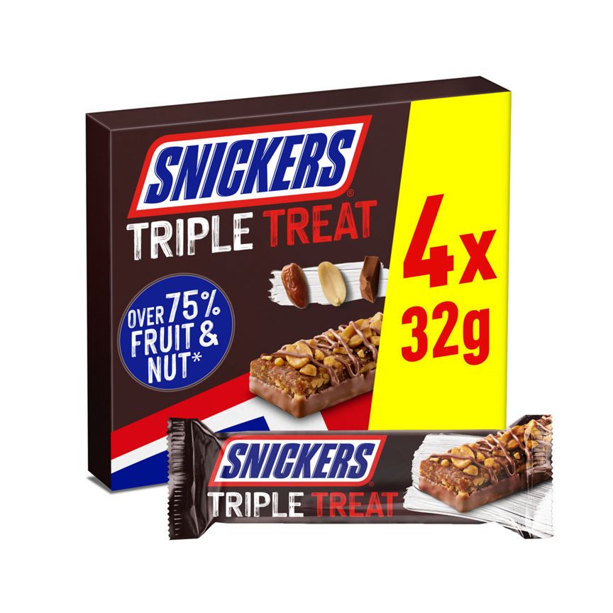 Snickers Triple Treat Fruit &amp;amp; Nut Multipack Chocolate Bar Snack 4x