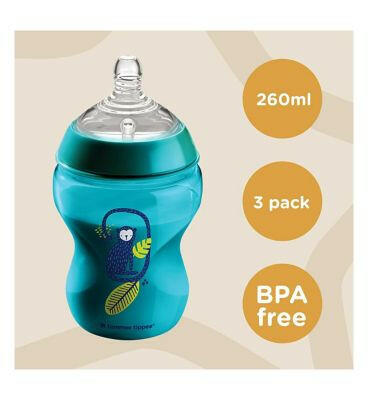 Tommee Tippee Closer to Nature Baby Bottles, Slow-Flow Breast-Like Teat with Anti-Colic Valve, 260ml, Pack of 3, Jungle Blues Baby Accessories & Cleaning Boots   